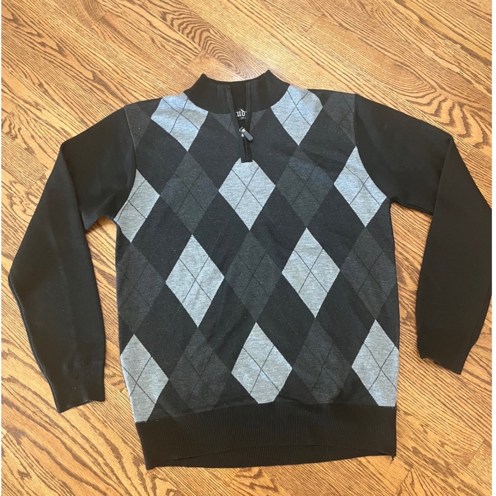 Studio by Omega Quarter Zip Mock Neck Sweater Mens Small Black Grey Argyle Knit